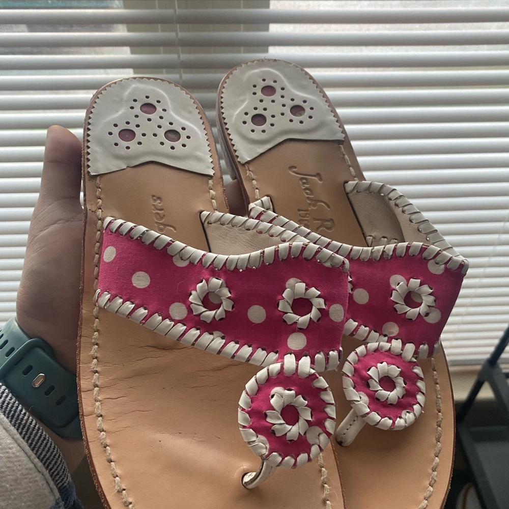 Jack Rogers Pink and White Polka Dot Leather Toe-Ring Sandals - Picture 2 of 2